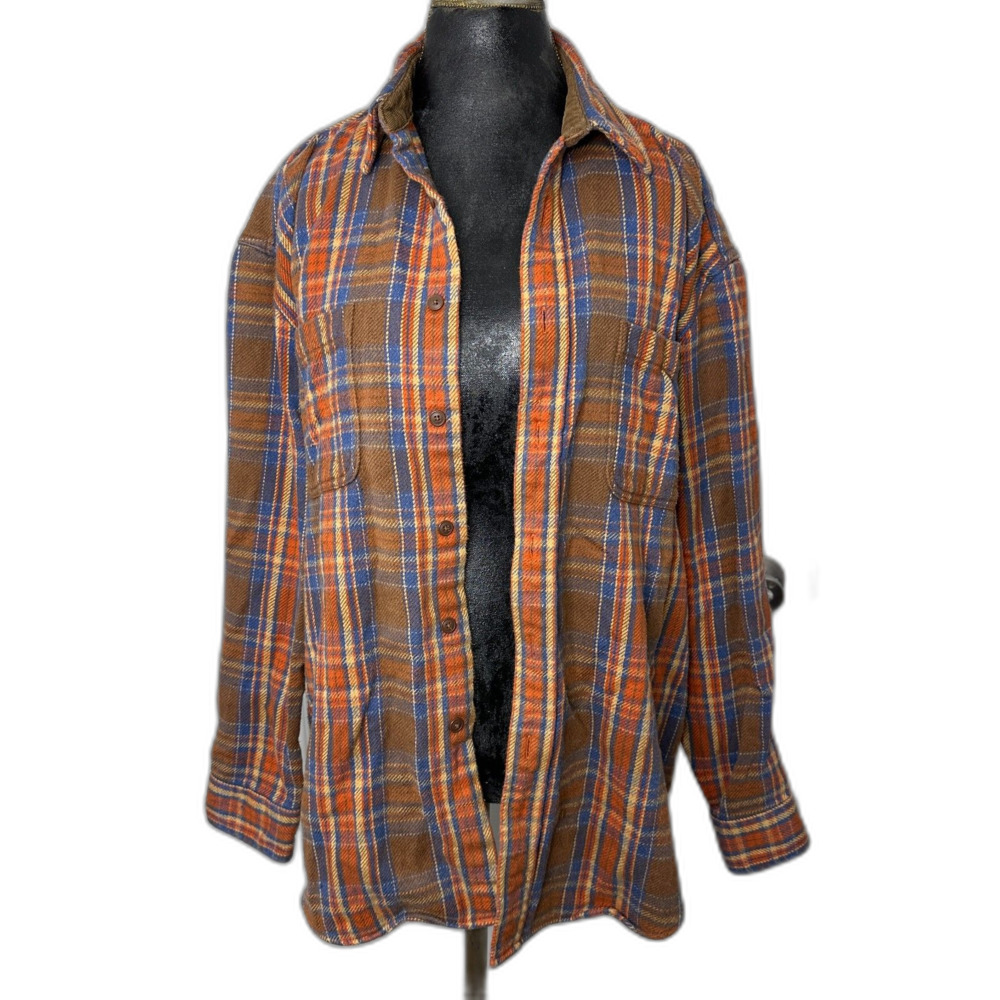 St. John’s Bay Men’s Flannel Shirt Large Brown Orange Blue Plaid 100% Cotton